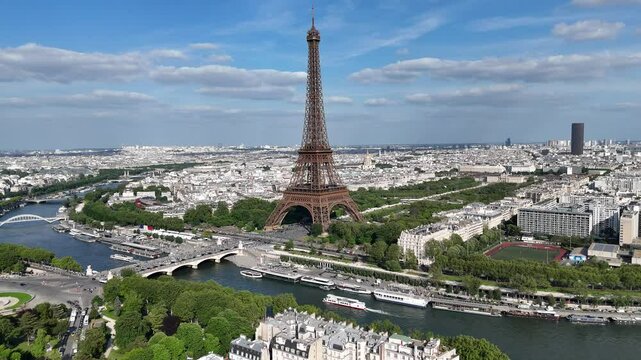 Eiffel Tower At Paris In Island Of France France. Downtown Cityscape. Seine River Skyline. Eiffel Tower At Paris In Island Of France France. Eiffel Tower. Tourism Landmark. Paris Skyline