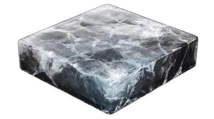 Square shaped ice block featuring a cracked surface in the form of an S with frozen translucent texture and frosty details isolated on white background