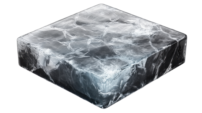 Square shaped ice block featuring a cracked surface in the form of an S with frozen translucent texture and frosty details isolated on white background