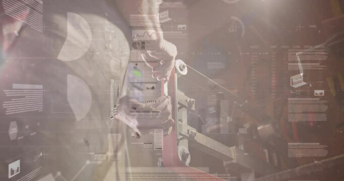 Metalwork craftsman aligning hacksaw against rod and showing data charts monitoring cut progress