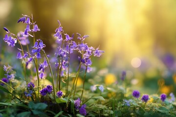 Obraz premium Vibrant purple flowers blooming in a sunlit forest, surrounded by lush greenery and soft bokeh