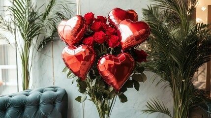 A lovely bouquet of red roses and heart balloons sits indoors. Perfect for Valentine's Day cards or romantic social media posts.