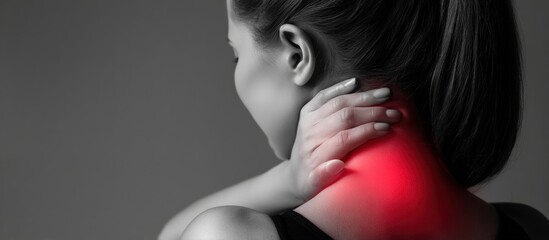 Young woman holding her hand on her neck, expressing pain from shoulder discomfort or back tension, against a grey background
