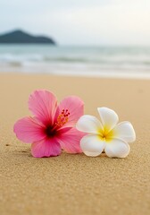 Fototapeta premium Pink hibiscus and plumeria flowers beautifully arranged on white sandy beach, creating a serene tropical vibe perfect for summer vacation and nature-inspired visuals.