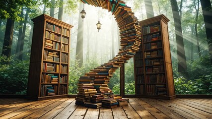 Stairway of Knowledge An Archway of Books Leads Towards Enlightenment Surrounded by Towering Bookshelves in a Verdant Forest