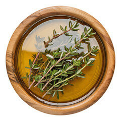 Thyme sprigs in golden olive oil, top view in wooden bowl, isolated on transparent or white background, perfect for herbal infusion visuals, cooking design, or Mediterranean cuisine themes