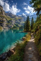 Scenic mountain landscape with a clear turquoise lake, lush greenery, and a winding pathway