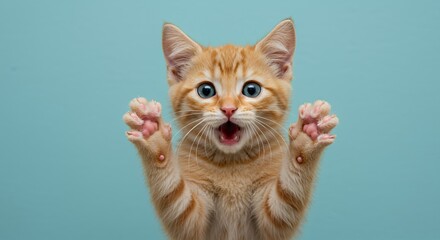 Obraz premium Surprised Orange Tabby Kitten with Wide Blue Eyes and Paws Raised Against Light Blue Background Capturing Tremors of Excitement in Fur and Open Mouth