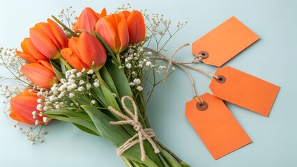 Bouquet of spring flowers with gift and card in vase
