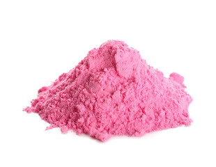 Heap of pink powder pigment on white background