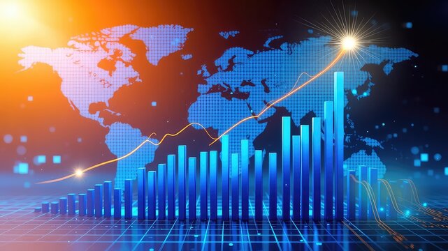 Growing financial markets across a structured global landscape, visualizing investment growth through data and projections across a digital world map