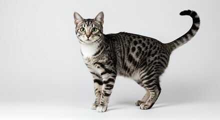 Spotted Cat Stands Poised with Mottled Coat on a White Background in Studio Setting