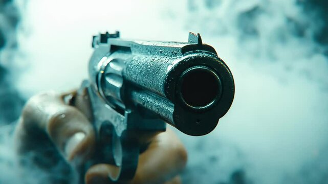 A gripping encounter takes place in a shadowy alley, where anxiety fills the air as a figure points a revolver through swirling smoke, revealing the gripping intensity of the moment.