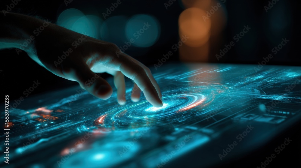 Poster Hand touching a futuristic glowing interface on a transparent digital screen suggests innovation and technological advancement in a dark setting