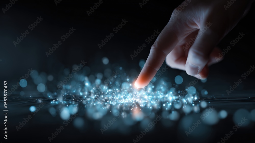 Poster Finger touching a futuristic screen with glowing digital data and light effects, representing innovation and technological advancement