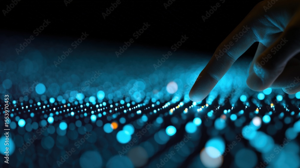 Poster finger interacting with a futuristic screen with glowing lights, representing innovation and technol