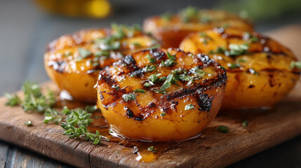 Caramelized grilled peaches with herbs and seasoning