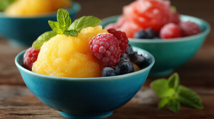 Fruit sorbet in blue bowls with mint and berries