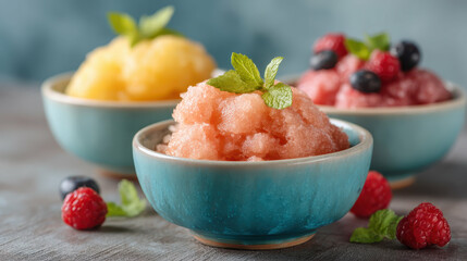 Assorted fruit sorbet in turquoise bowls with raspberries