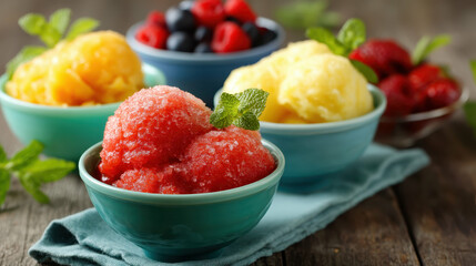 Trio of fruit sorbet in small blue bowls with berries