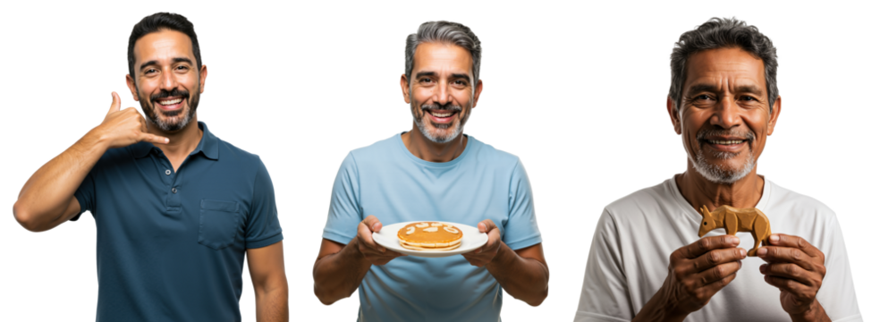Middle-Aged Man Enjoying Food, Smiling, and Engaging with Playful Expressions