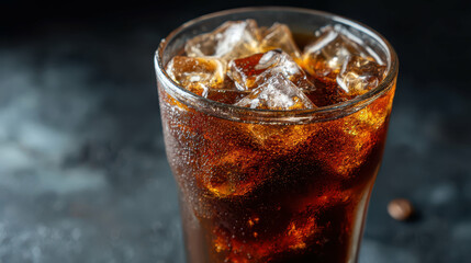Glass of iced cola with condensation on black background