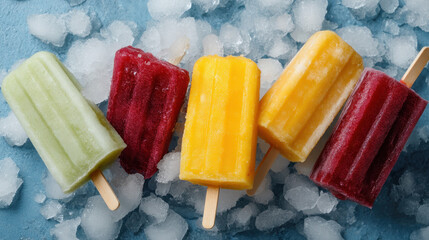 Four colorful frozen fruit popsicles on ice