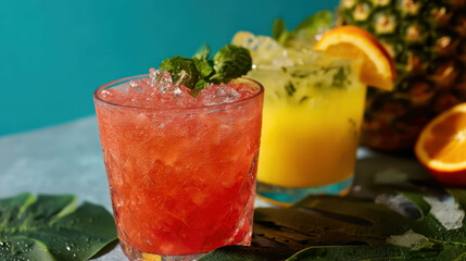 Refreshing cocktails with citrus and mint on tropical backdrop
