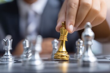 Businessman playing chess, moving golden king piece on board game with other silver pieces in background, concept of business plan or strategy for success