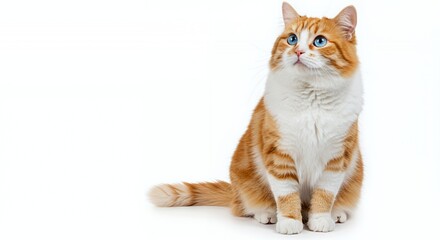 Isolated Orange and White Fur Cat with Blue Eyes Sitting and Looking Up on a Clean White Background with Beautiful Detail