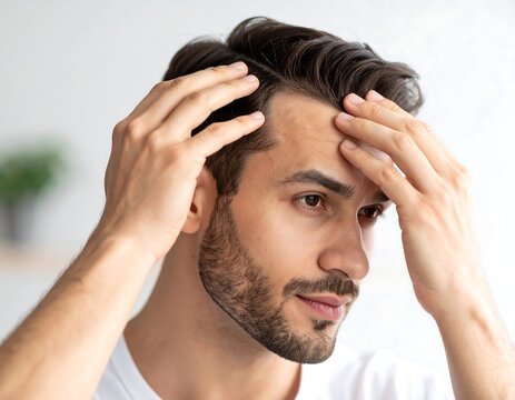 Man examining his receding hairline