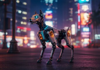 Cybernetic Canine Companion in a Neon-Lit Metropolis, Futuristic Robotic Dog Amidst the Dazzling Lights of a Cyberpunk Cityscape