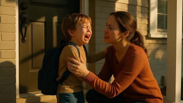 Separation anxiety, A young boy crying intensely is being comforted by a concerned woman, likely his mother, at the doorstep in warm morning light.