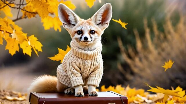 A fennec fox sits on a brown suitcase surrounded by autumn leaves. The fox has large ears and a fluffy tail, wearing a cozy cream sweater.