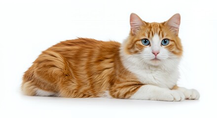 Fototapeta premium Isolated Orange and White Fur Cat with Blue Eyes Lying Down on White Background Pet Portrait