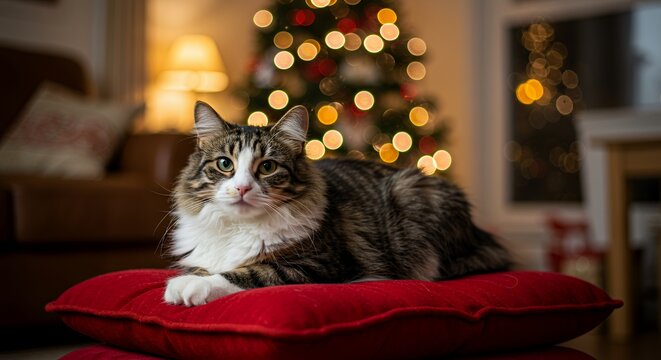 Longhaired Tabby Cat Resting on Red Velvet Cushion with Glowing Christmas Tree Bokeh Lights