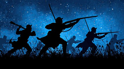 Naklejka premium Silhouette of soldiers in a night battle.