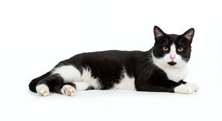 Lying Black and White Tuxedo Cat Isolated on White Background in Studio Shot Featuring Relaxed Feline with Unique Markings
