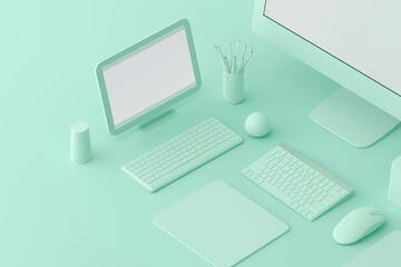 ミントグリーンのミニマルPCデスク環境