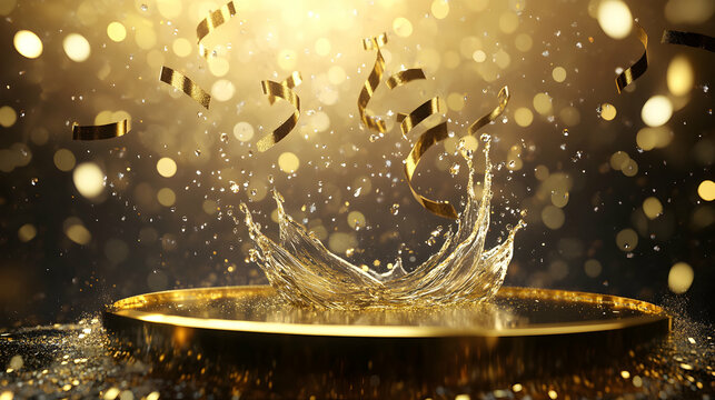 Golden celebration: sparkling water splash and falling confetti in a festive atmosphere - Powered by Adobe