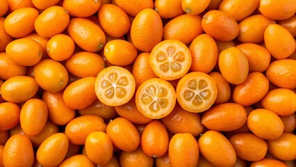 Pile of fresh kumquats background. Suitable for marketing or business purposes. Panoramic banner with place for text
