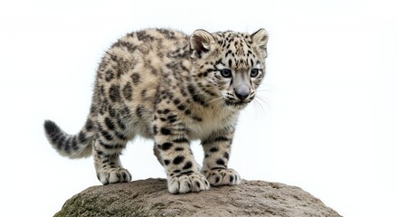 Obraz premium Snow Leopard Cub Isolated on White Stands on Stone with Detailed Fur Pattern and Focused Gaze in a Clean Studio Shot