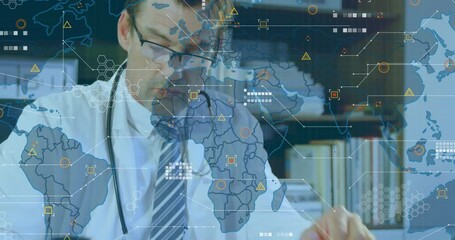 Doctor writing medical notes typing laptop lifting phone as world map overlay analyzing global data - Powered by Adobe