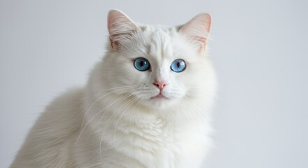 Isolated Fluffy White Cat with Striking Blue Eyes Portrait Against White Background Elegant Pure Breed in Studio Lighting Close Up of Charming Feline