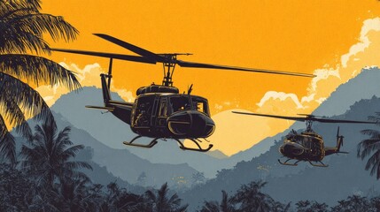Military helicopters in a tropical landscape.