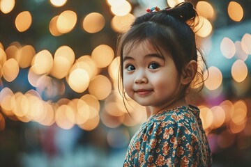 Little asian girl smiling with bokeh light background, vintage tone