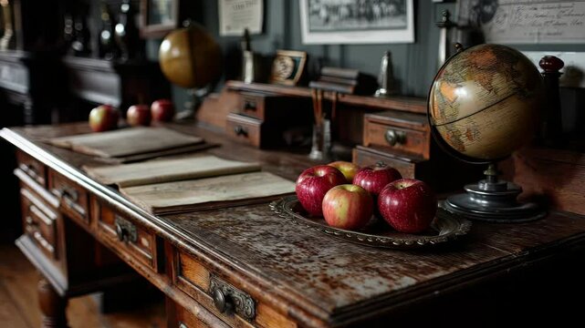 Vintage Globe and Fresh Apples on Wooden Tabletop