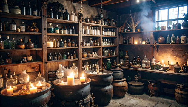 A dimly lit apothecary, filled with aged wooden shelves overflowing with glass bottles, jars, and large ceramic vessels. - Powered by Adobe