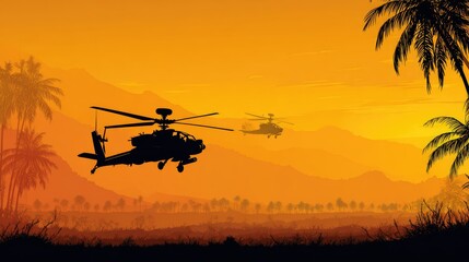 Silhouette of a helicopter over a tropical landscape at sunset.