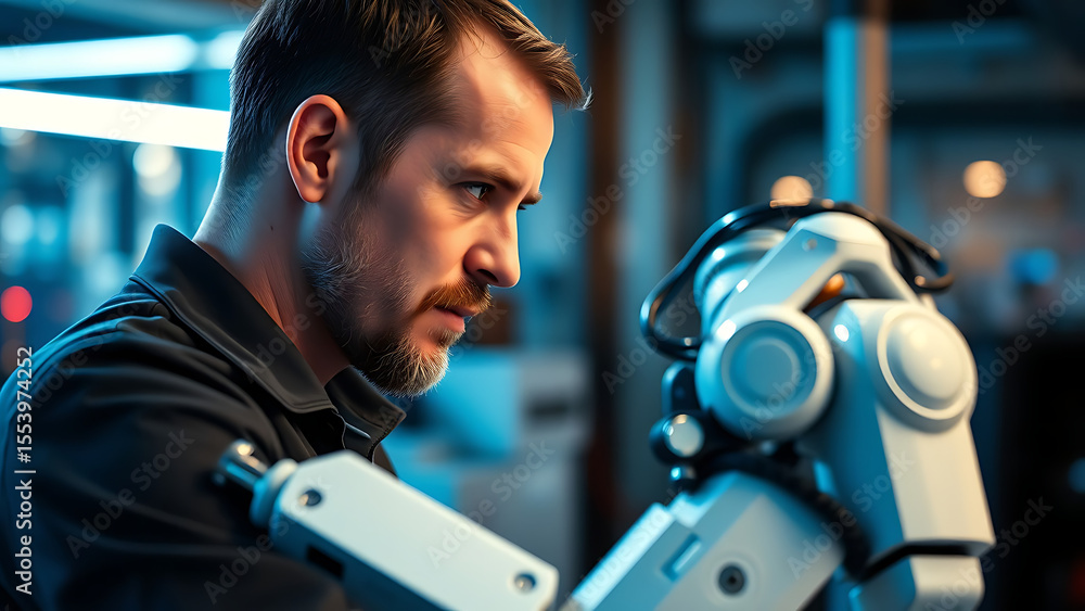 Poster a male engineer working closely with a robotic arm in a high-tech lab